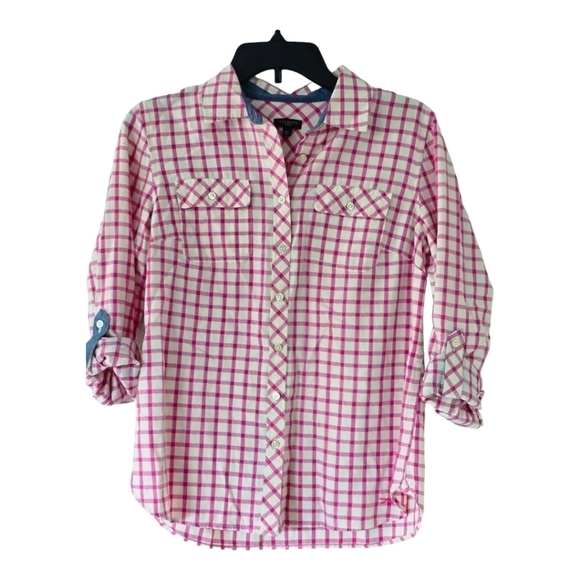 Talbots Shiry Womens Sz PM Pink White Plaid Button Up Minimalist Roll Tab Sleeve - Picture 1 of 10